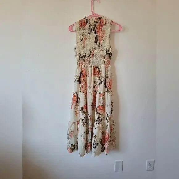 Cream Floral Midi Dress Smocked Tiered Fairy Cottage Whimsical Pastoral Maiden S - Picture 8 of 10